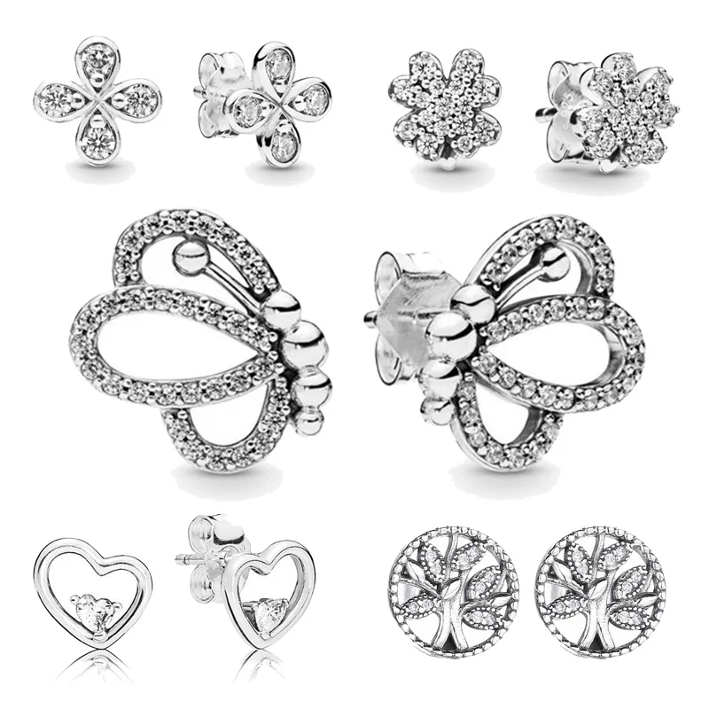 

2019 Spring New Authentic 925 Sterling Silver Pans Buterfly Flower Earring Studs For Women Fine Europe Jewelry Birthday Gift