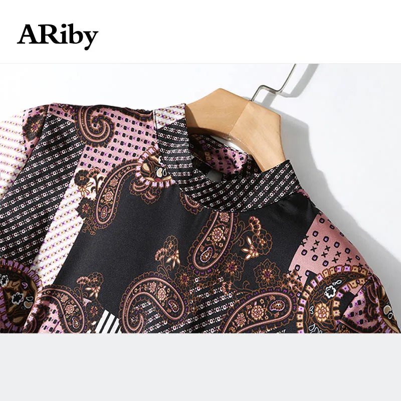 Women Dress Maxi Party Dress 2019 Spring Summer New Office Lace Print Vertical Collar Waist Strap Big Pendulum Long Sleeve Dress