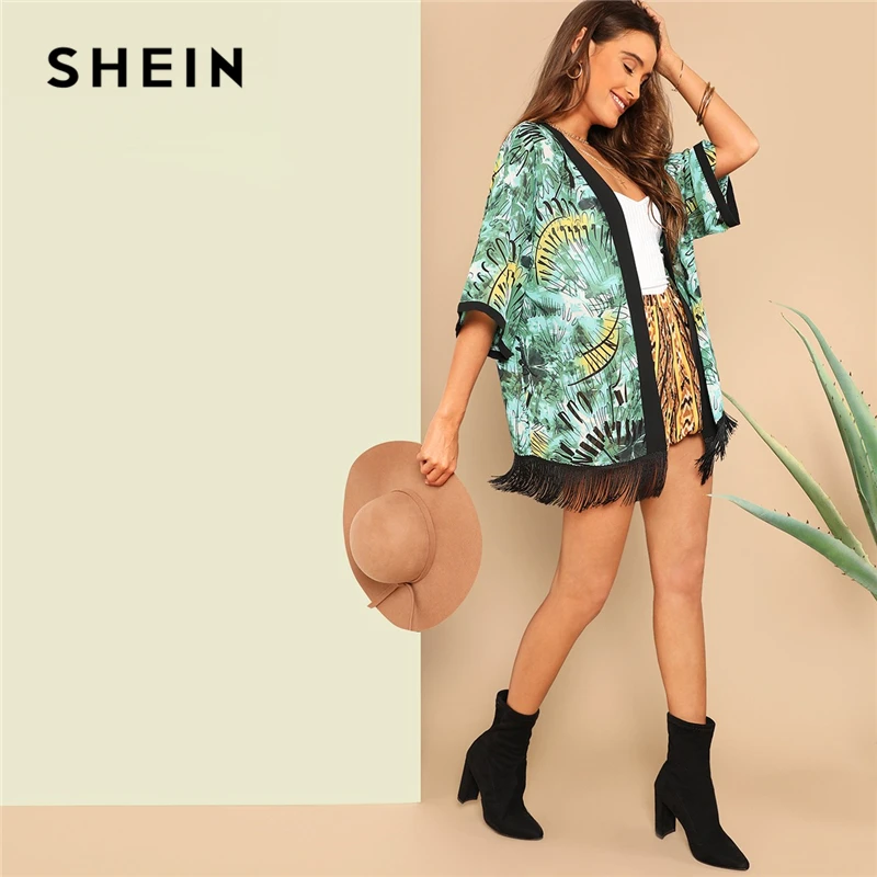 

SHEIN Boho Beach Green Fringe Detail Solid Trim Tropical Print Kimono Cardigan Women Spring Summer Casual Vacation Kimonos