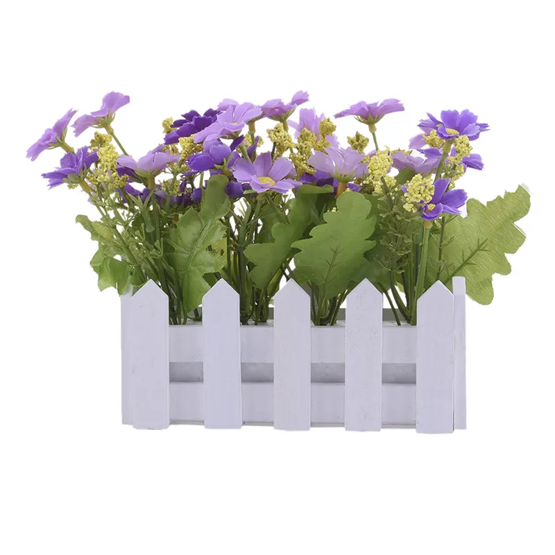 

Artificial Flowers Small Potted Plant Fake Chrysanthemum Set in Wooden Picket Fence Home Decoration Birthday Gift 7 Color 1Pcs