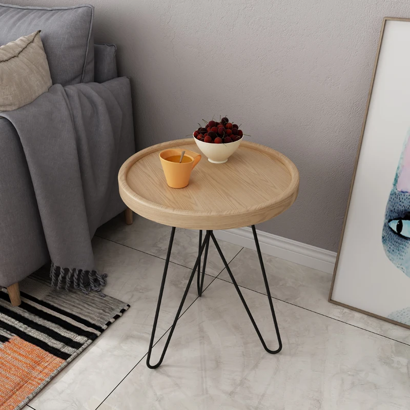Modern Design Solid Wood Coffee Table Metal Round End Table for Living Room Side Table