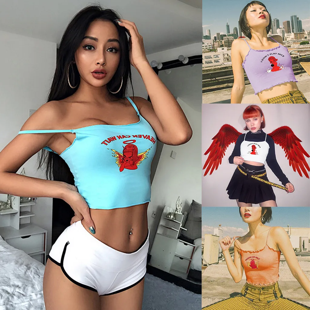 

Fashion Women Letter Angel Print Sleeveless Camisole Shirt Crop Top