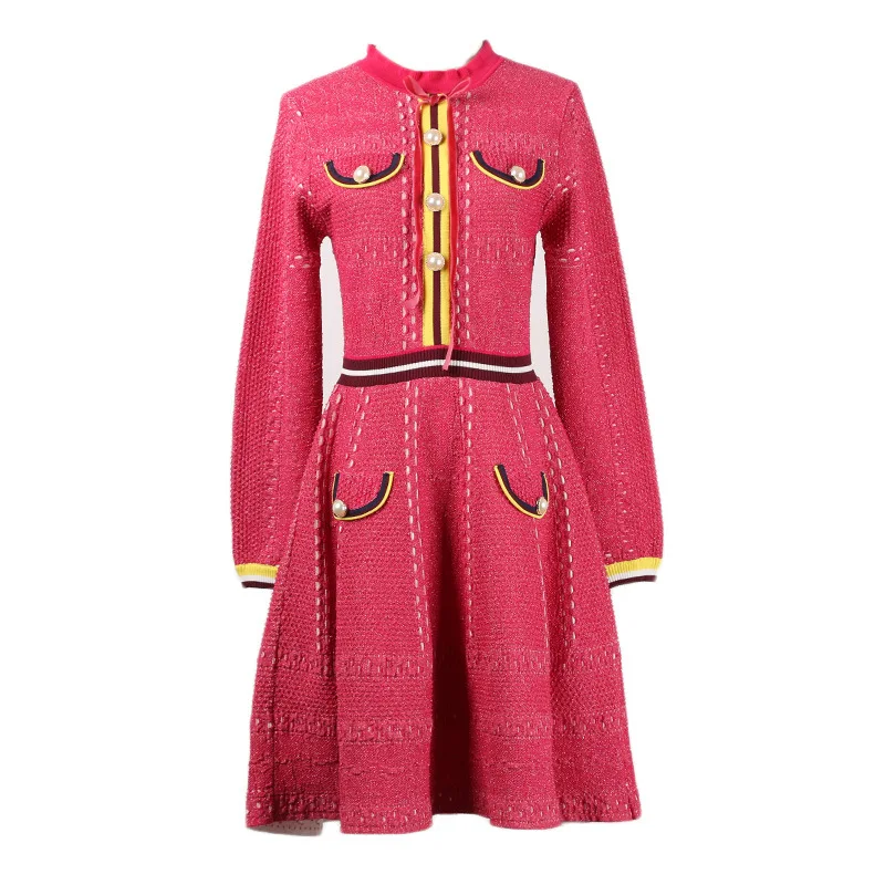 

Red Patchwork Yellow 2018 Winter New Fashion European Style Pearl buttons Long Sleeves Regular Knitted Sweater Dress for Women