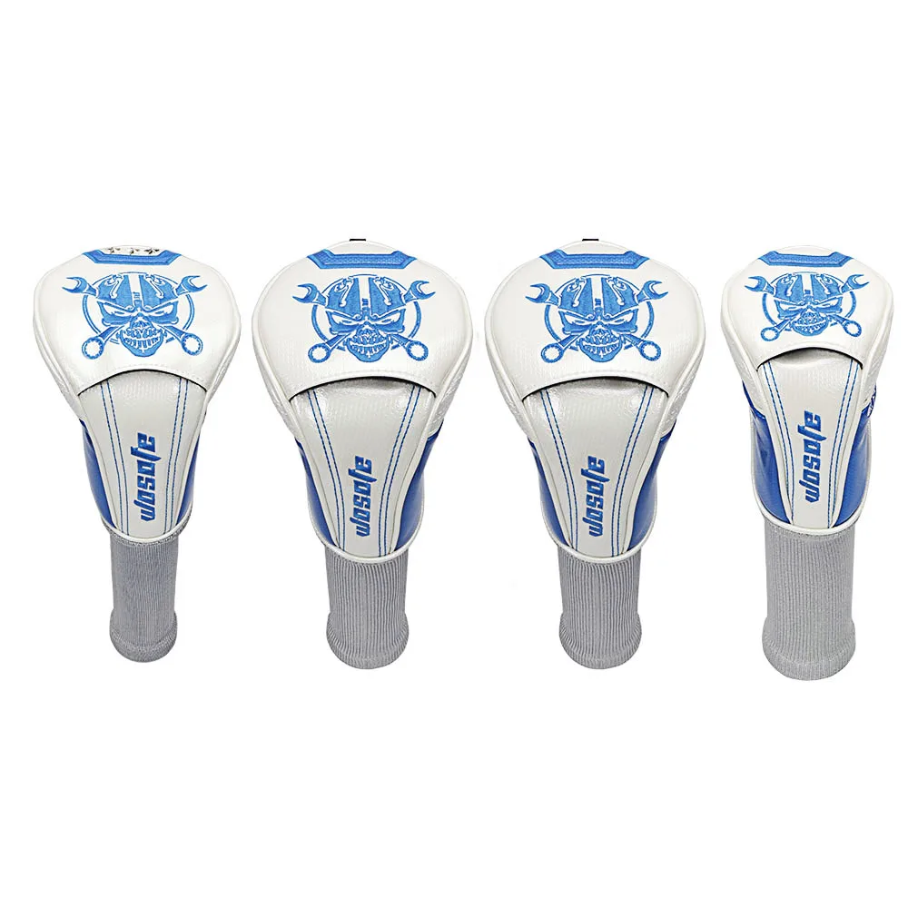 

2018 Latest Skull embroidery Golf Woods Clubs Headcovers Set 1# 3# 5# Driver Fairway Hybrid Head Cover White Blue