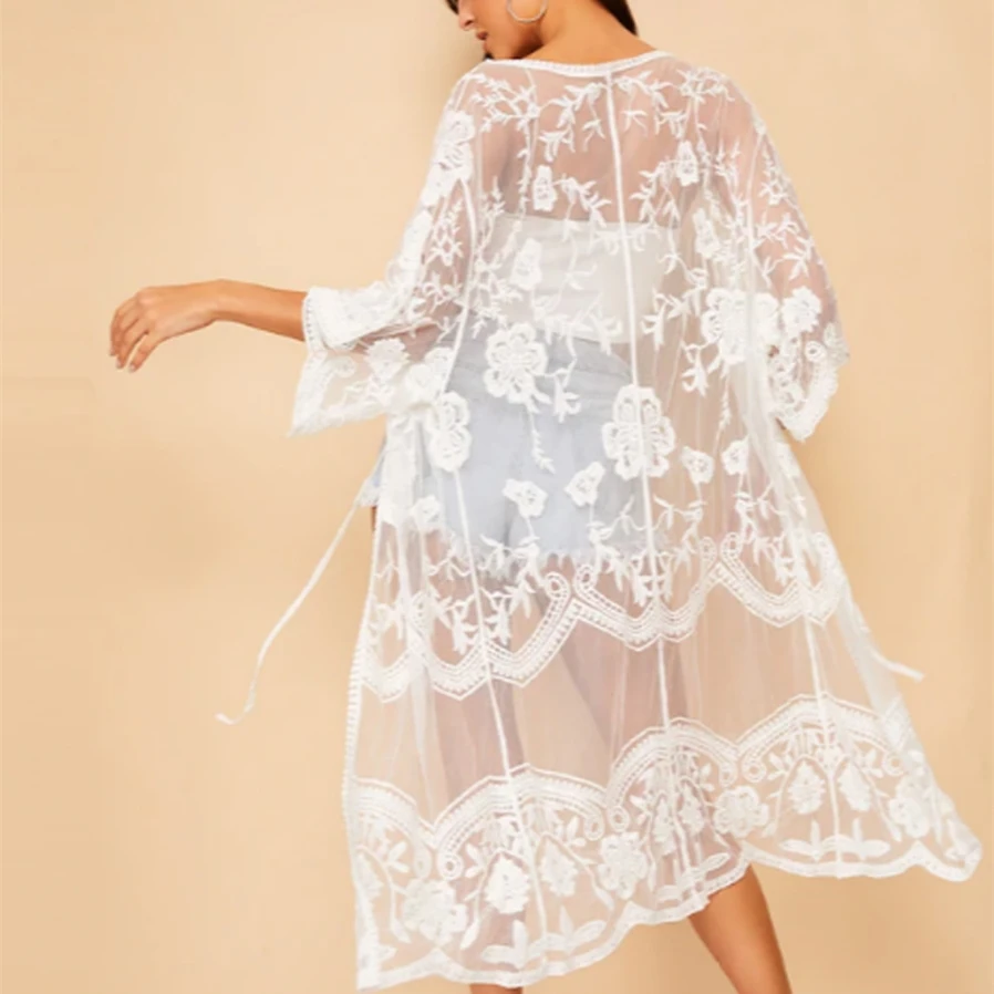 

Sexy Women Beach Long Blouse Floral Sheer Lace Summer Cardigan Long Kimono Kaftan White Lace Long Maxi Wrap Top