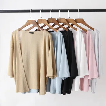 

Kimomo Mujer Women Summer Tops Cardigan Feminino Three Quarter Sleeve Loose Top Simple Solid V Neck Sun Protection Clothing Lady