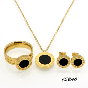 

JSBAO Women's Fashion Brand Jewelry Roman Number Stainless Steel Necklace+Earrings+Ring White/Black Shell Wedding Jewelry Sets