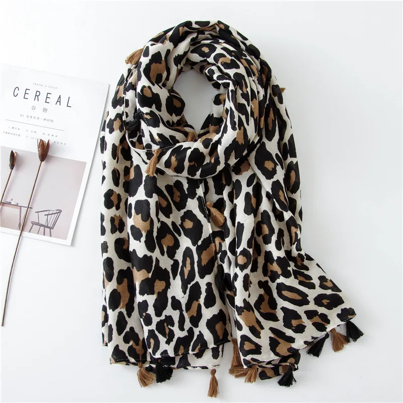 Весенний Модный классический Леопардовый шарф для женщин коричневого и синего цвета, женский шарф с кисточками