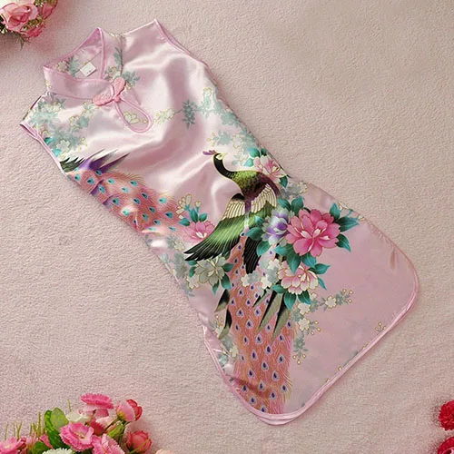 Children Girls Chinese Cheongsam Floral Peacock Lapel Sleeveless Summer Dress