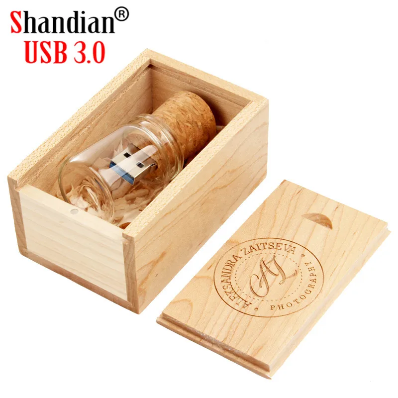 SHANDIAN USB 3,0,, стеклянная бутылка+ деревянная коробка, внешний накопитель, 4 ГБ, 8 ГБ, 16 ГБ, 32 ГБ, 64 ГБ(более 10 шт., бесплатный логотип