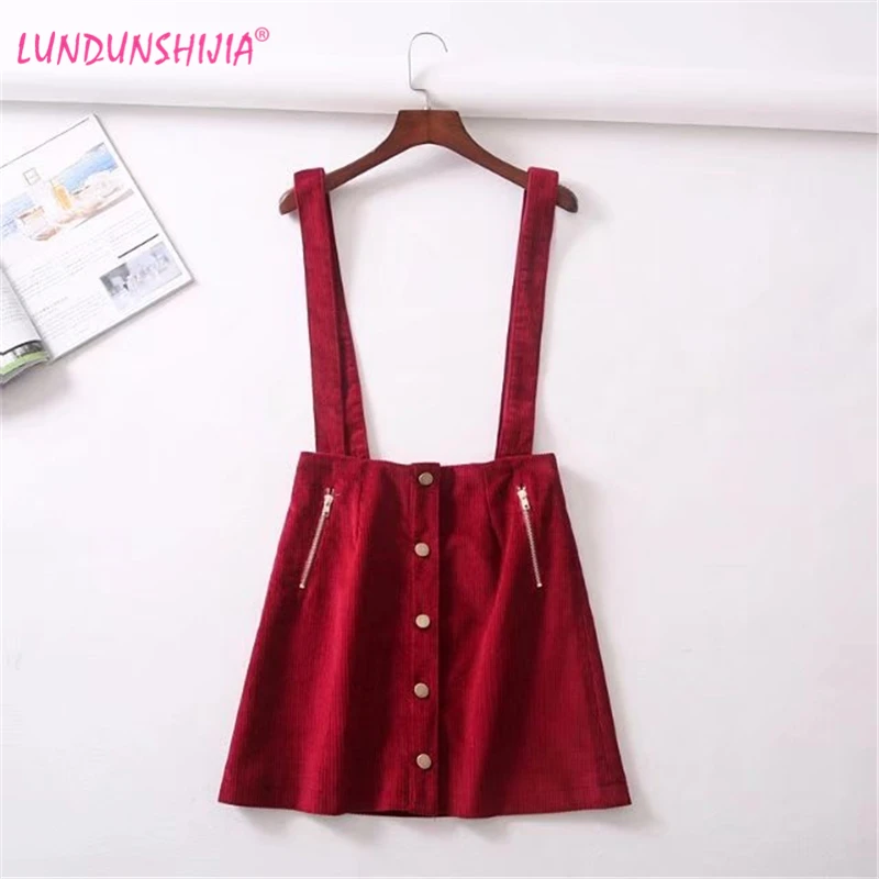 

LUNDUNSHIJIA Women's Belt Waist Suspender Skirt 2018 New Spring Summer Overalls Red/ArmyGreen/Orange Corduroy Skirts Size S-XL