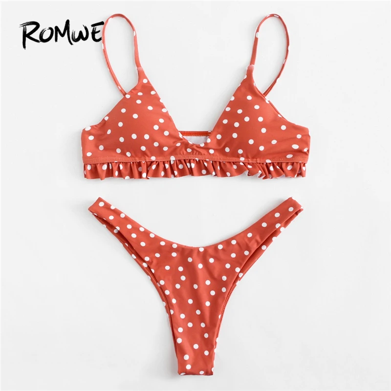 Romwe, спортивный оранжевый комплект бикини, топ с оборками в горошек с высокой талией, купальник для женщин, летний сексуальный милый пляжный купальник для отдыха