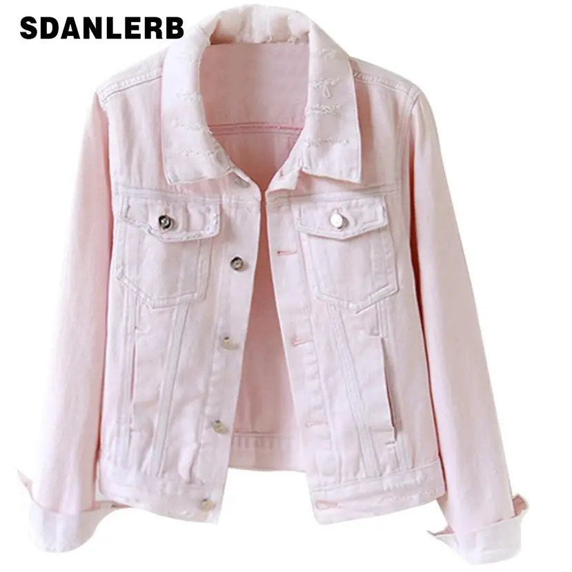 

Pink Denim Jacket Women 2019 New Spring and Autumn Bf Style Short Loose Long Sleeve Ripped Jeans Coat