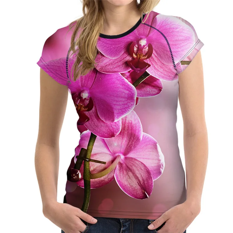 FORUDESIGNS/Розовая женская футболка с цветком персика, топы с 3D цветочным принтом, футболки для девочек-подростков, брендовые футболки с коротким рукавом, облегающие футболки