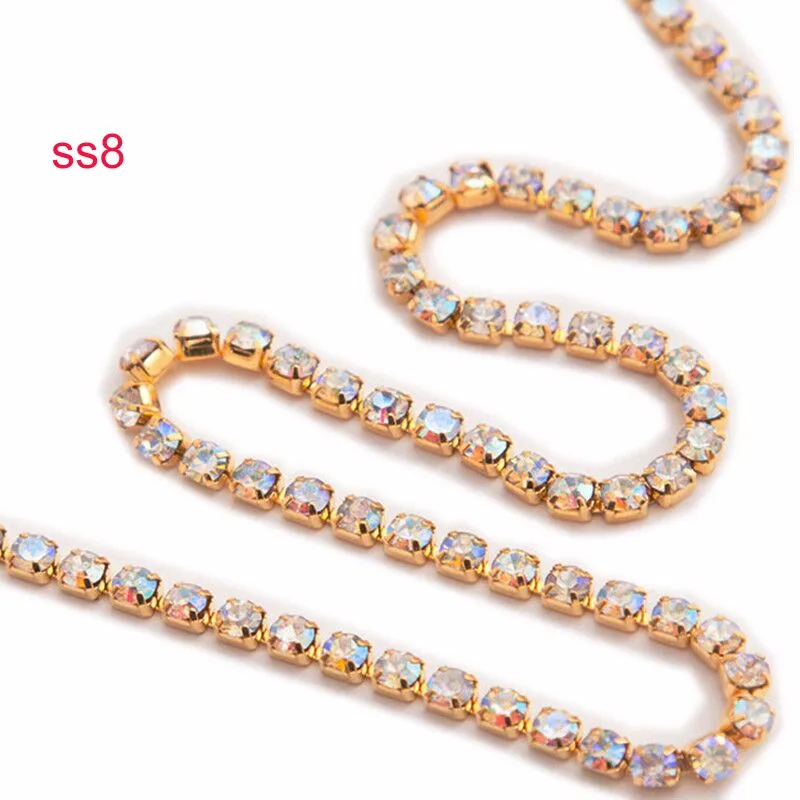 URORU Crystal AB Rhinestone Chain DIY Sew On Gold Base Density Trim Metal Cup Chains Accessories ss6 10yards/lot AM TAIDIAN