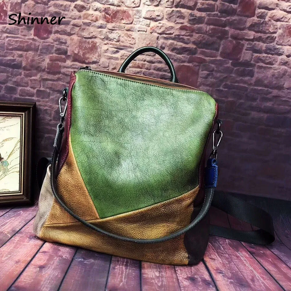 

Cowhide Patchwork Leather Backpack 2019 Female Daily Cow Real Leather Knapsack Women Casual Genuine Leather Sling Bag Daypack