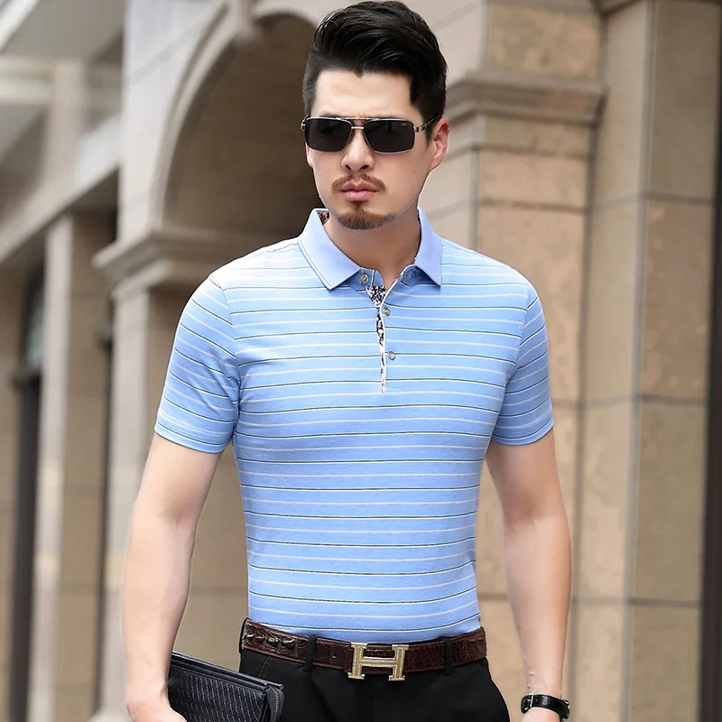 Летний Стиль мужские повседневные модные рубашки поло в полоску мужские шелковые рубашки поло высокого качества с коротким рукавом Размер M-6XL