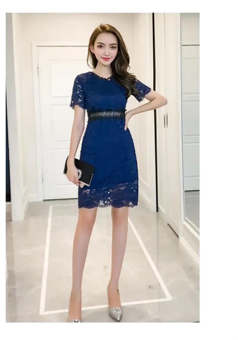 2018 New Red Blue Spring Summer Lace Women dress Short Sleeve Slim Collect Waist In Long Dresses S-XL