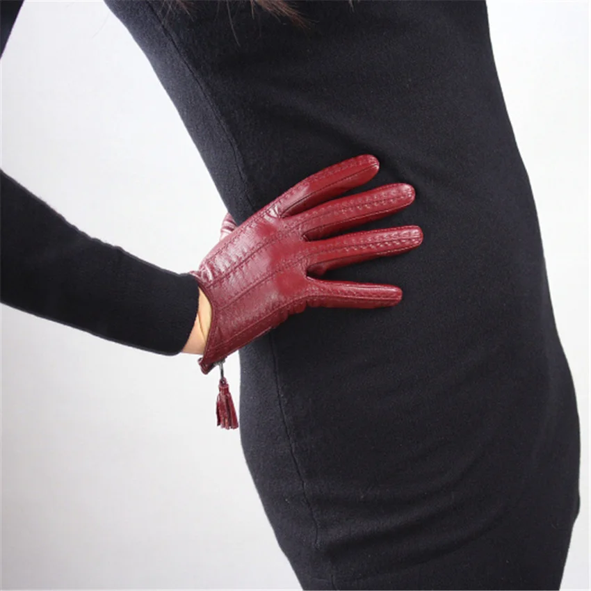 Женские перчатки для сенсорного экрана, кожаные, импортные, козья кожа, с кисточками, на молнии, короткие, темно-фиолетовые, перчатки TBLS01