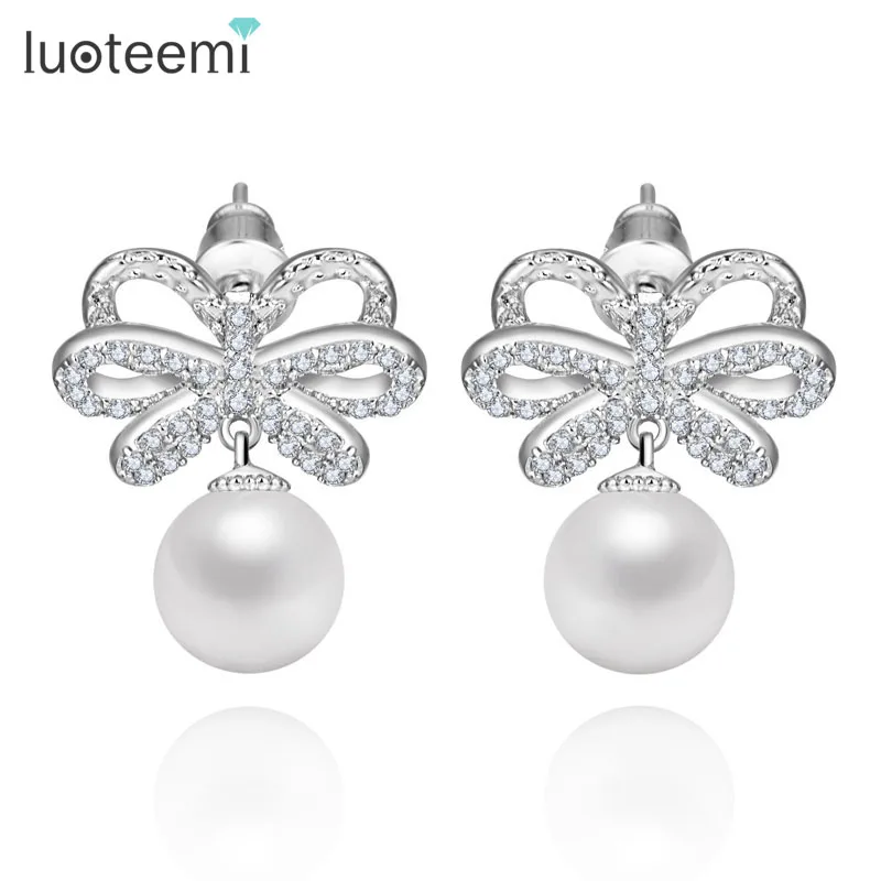 

LUOTEEMI Brand Upscale Simulated Pearl Earrings for Women Clear Cubic Zirconia Bowknot Earrings White Gold-Color Women Jewelry