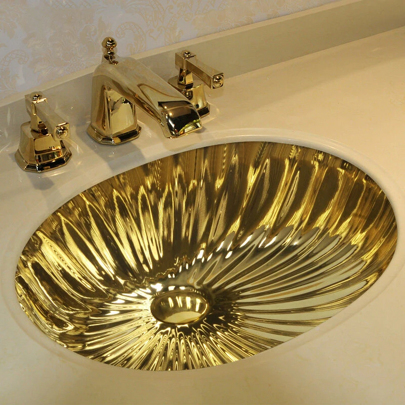 

Gold/Silver lLuxurious Embossed Golden porcelain bathroom sink bowl countertop Oval Ceramic wash basin bathroom sink
