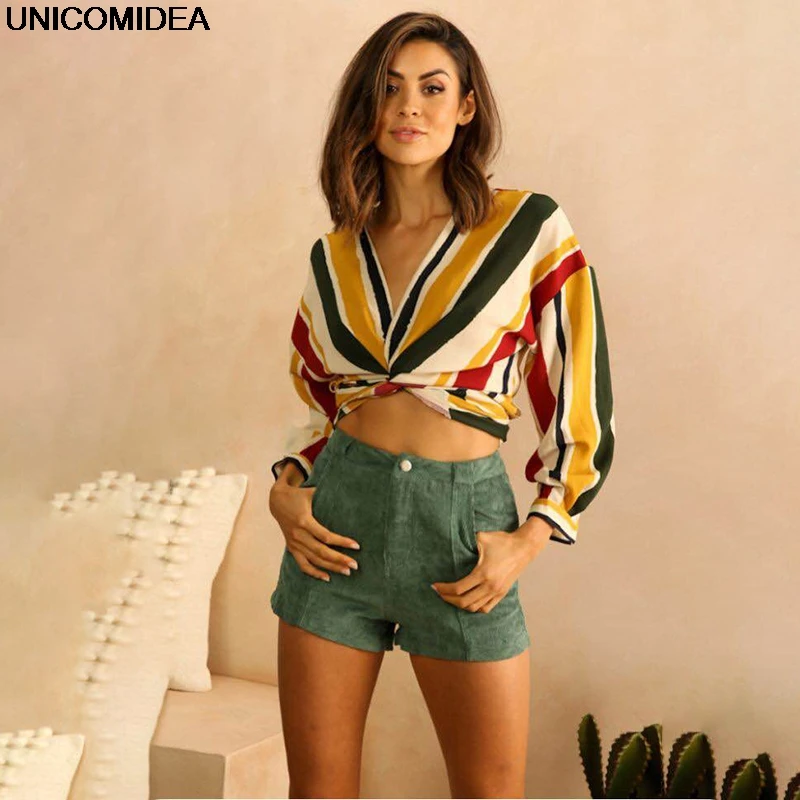 

Rainbow Striped Blouse Long Sleeve V Neck Back Bow Womens Tops and Blouses Autumn Office Ladies Blouses Blusas Chemise Femme