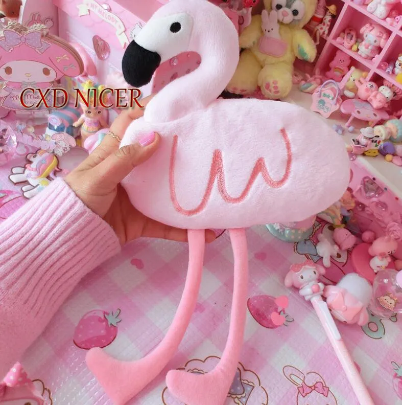 Pink Plush Pencil Case For School Office Supplies Long Legs Flamingo Pencil Bag Canvas Pen Bags School Case Pencil Pouch DD2518