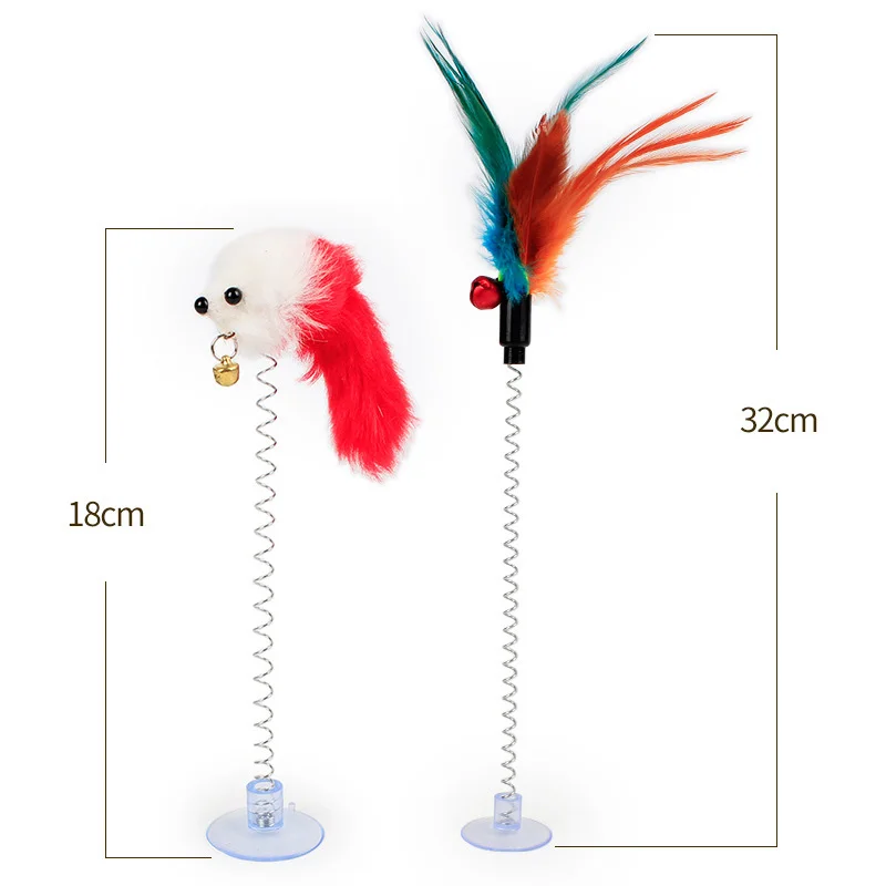 1pc Colorful Feather Cat Toys Mouse Interactive Bottom Sucker Spring Cat Scratcher Pet Toys For Cats