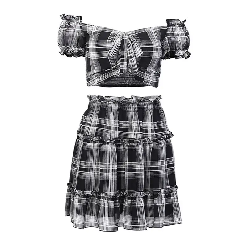 

Plaid Two Piece Set Fashion Women Sets Chiffon Off Shoulder Crop Top T Shirt Chic Sweet Girl Pleated Skirt Gothic Casual Outfits