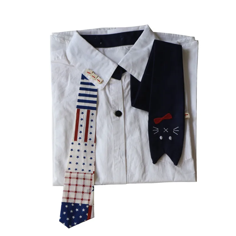

2016 new fashion spring autumn women cat embroidery shirts with tie business shirts for women luxury childlike shirts for women