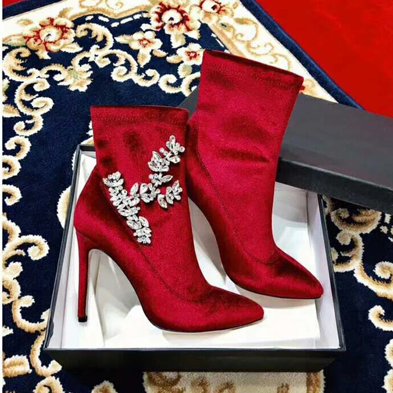 De Talon Noir Bout Sexy pu Fleur Rouge Femmes Velours Cristal rouge Pointu Cheville Luxe bleu Bottes Bleu Noir Strass Aute Ciel Femme 2018 qt5nZZ