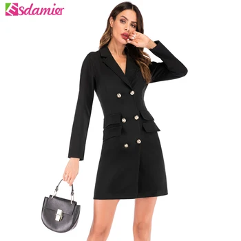 

ESDAMIER Women Black Mini Suit Dress Double Breasted Pocket Women Blazer Elegant Work Office Business Suit Outwear Plus Size