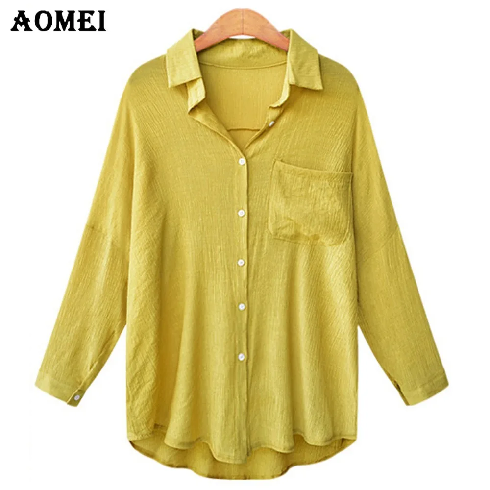 Yellow Color Linen Cotton Shirts with Button Pocket Long Sleeve Casual