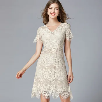 

Summer Dress Women Lace A-line Apricot 2019 New Knee-Length Hollowing Out Plus Size Retro Elegant Ripe Fashionable Classic