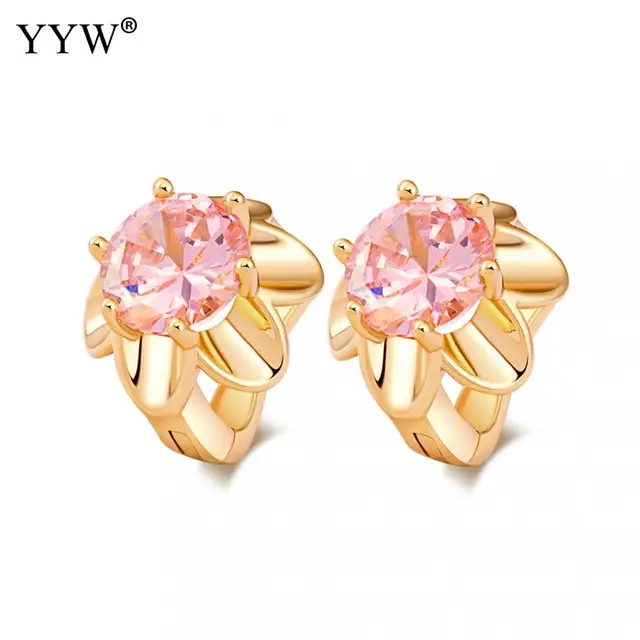 Luxury Gold Color Hoop Earrings Pink Crystal Cubic Luxury Gold Color Hoop Earrings Pink Crystal Cubic Zirconia Simple Item Female