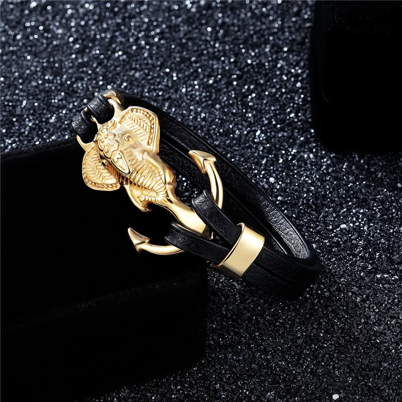 YIZIZAI Модные мужские браслеты золотой Волк череп якорь из нержавеющей стали скобы черные кожаные мужские часы наручные ювелирные изделия