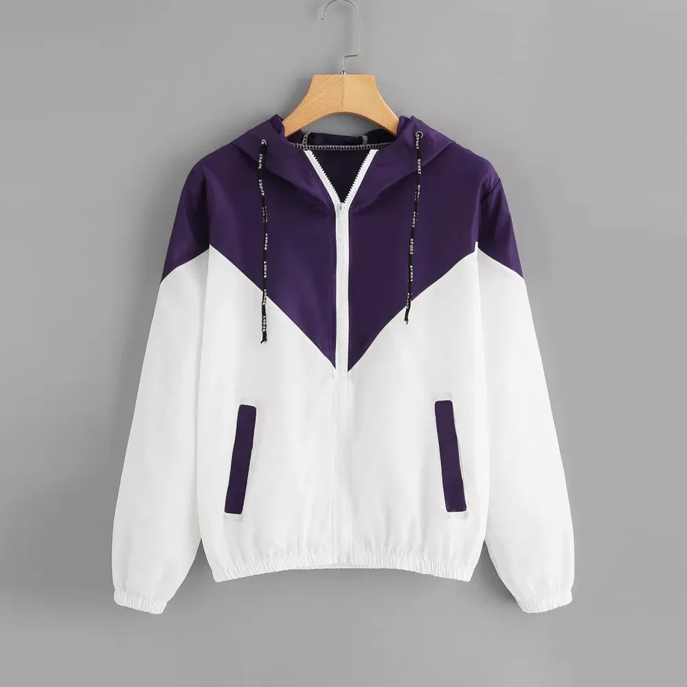 Women Hooded Sports jacket summer Long Sleeve Patchwork women's windbreaker Lightweight jacket Zipper cortaviento mujer 2019