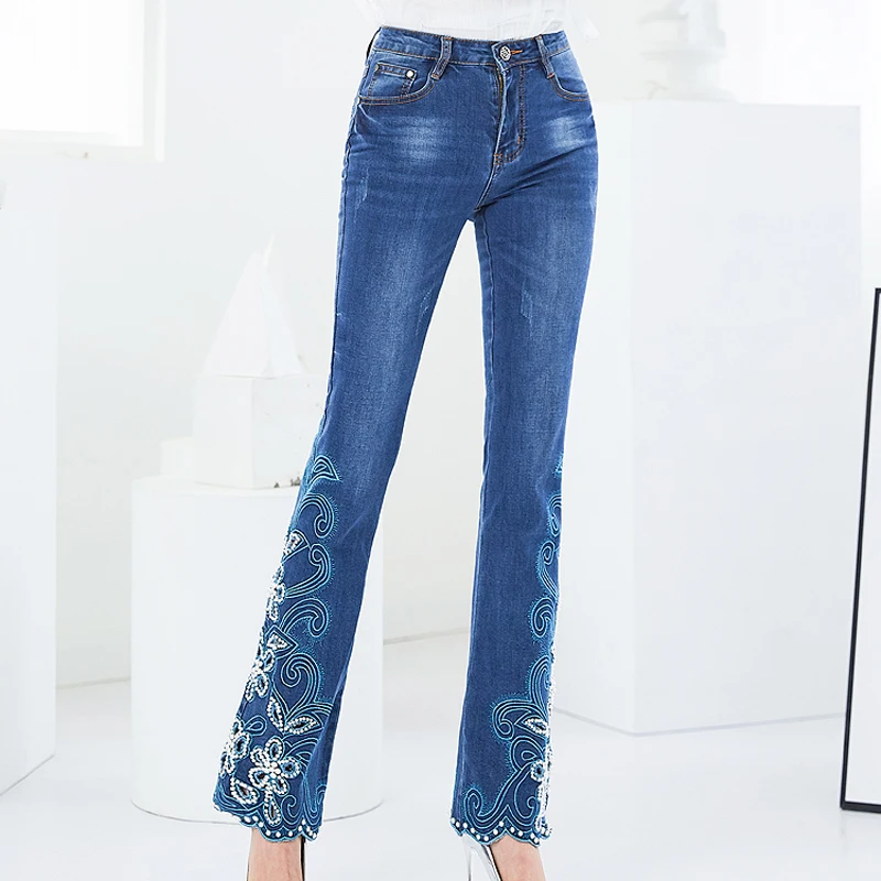 

Brand Flare Pants Female Hollow Out Embroidery Sweet Skinny Jeans Women Streetwear High Waist Casual Pants Plus Size Trousers