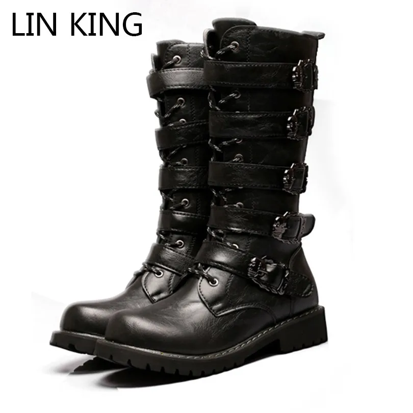 LIN KING Big Size 46 Punk Black Men Mid Calf Boots Lace Up Rome ...