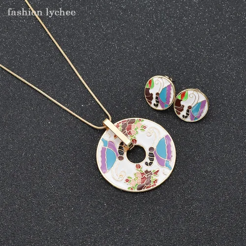 Мода Личи геометрический круглый цветочный узор ожерелье с подвеской из эмали серьги-гвоздики женский модный ювелирный набор - Окраска металла: 2