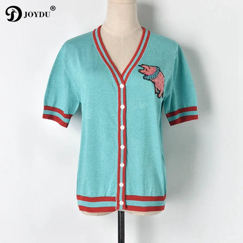 

JOYDU Cute Sequins Cartoon Pattern Knit Summer tshirt Women 2019 Short Sleeve Color Block Patchwork Streetwear t-shirts Top T