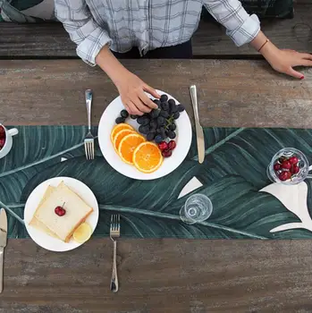 

NEW INS Nordic Digital Print Cotton linen Palm Leaf table runner Monstera Leaf Green Leaf Table Cloth Table Runner Placenmat