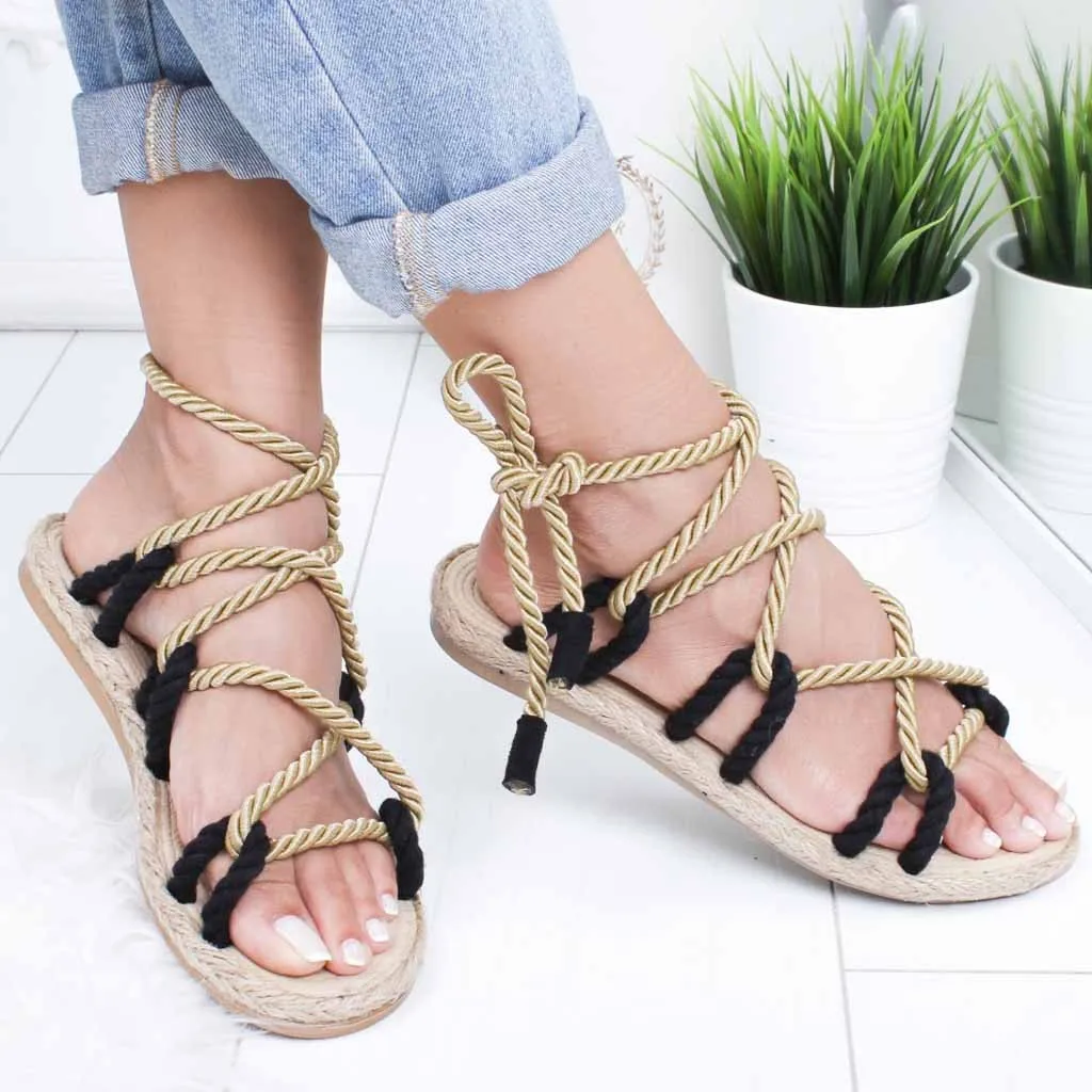 

Shoes Woman Sandals Rome Sandals Hemp Rope Flat Lace Beach Weaving Cross-Tied Open Toe Shoes sandalias mujer 2019 summer shoes