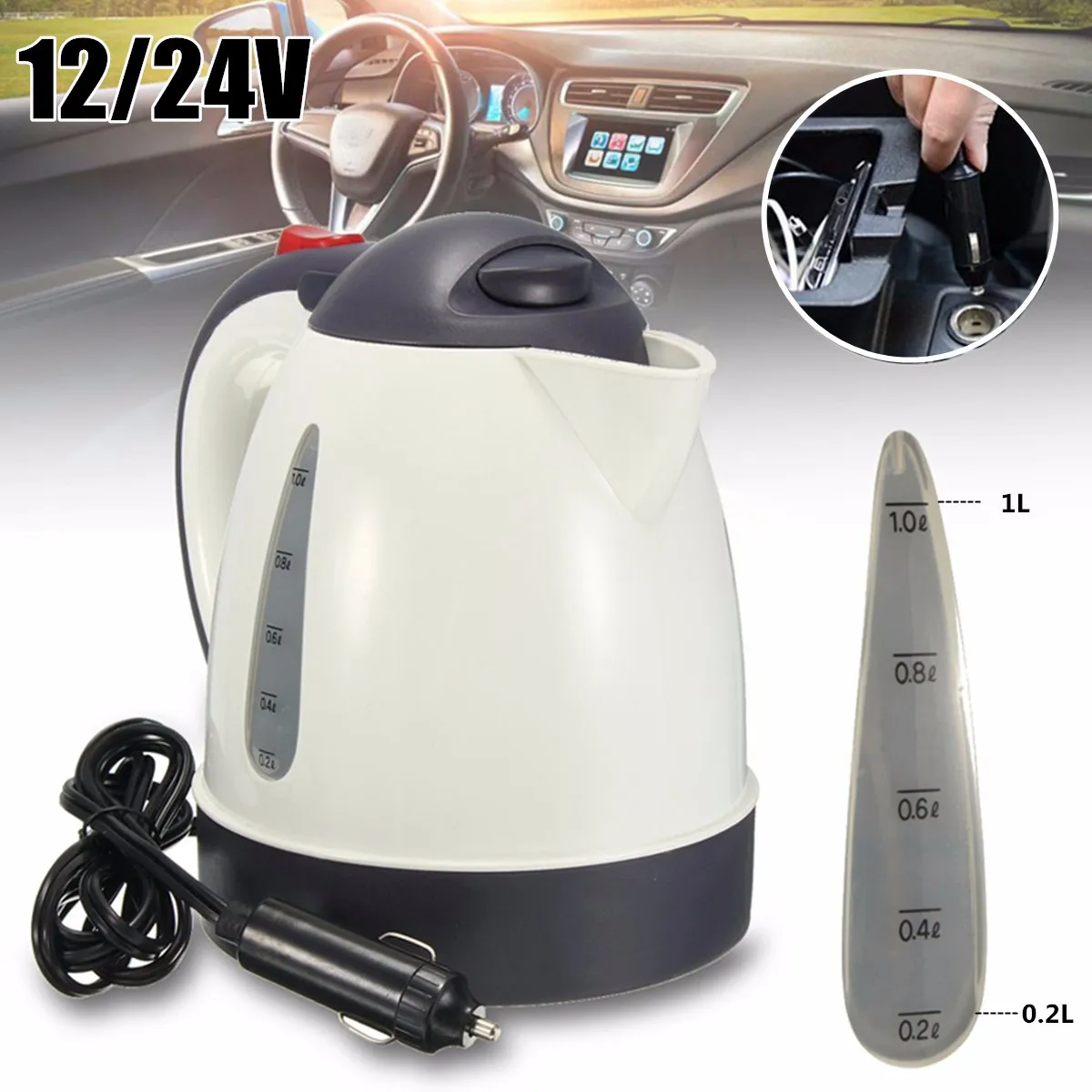 12V 1L Electric Car Boiling Kettle Stainless Coffee Tea Water Heater Travel Camp 