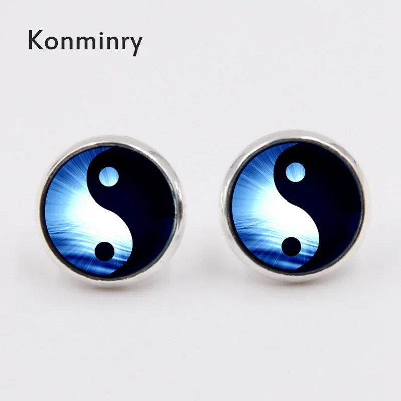 

Konminry Ethnic Blue Black Light Pattern Stud Earrings Handmade Round Glass Yin Yang Tai Chi Symbol Silver Bronze Earrings Women