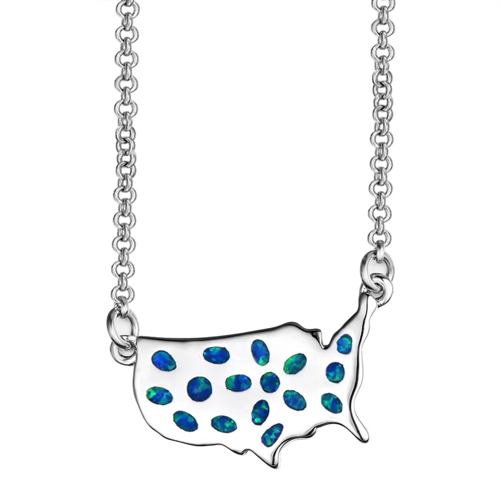 

Blue/White Fire Opal Silver 925 Sterling USA Map Choker Necklaces For Women Christmas Gifts Jewelry