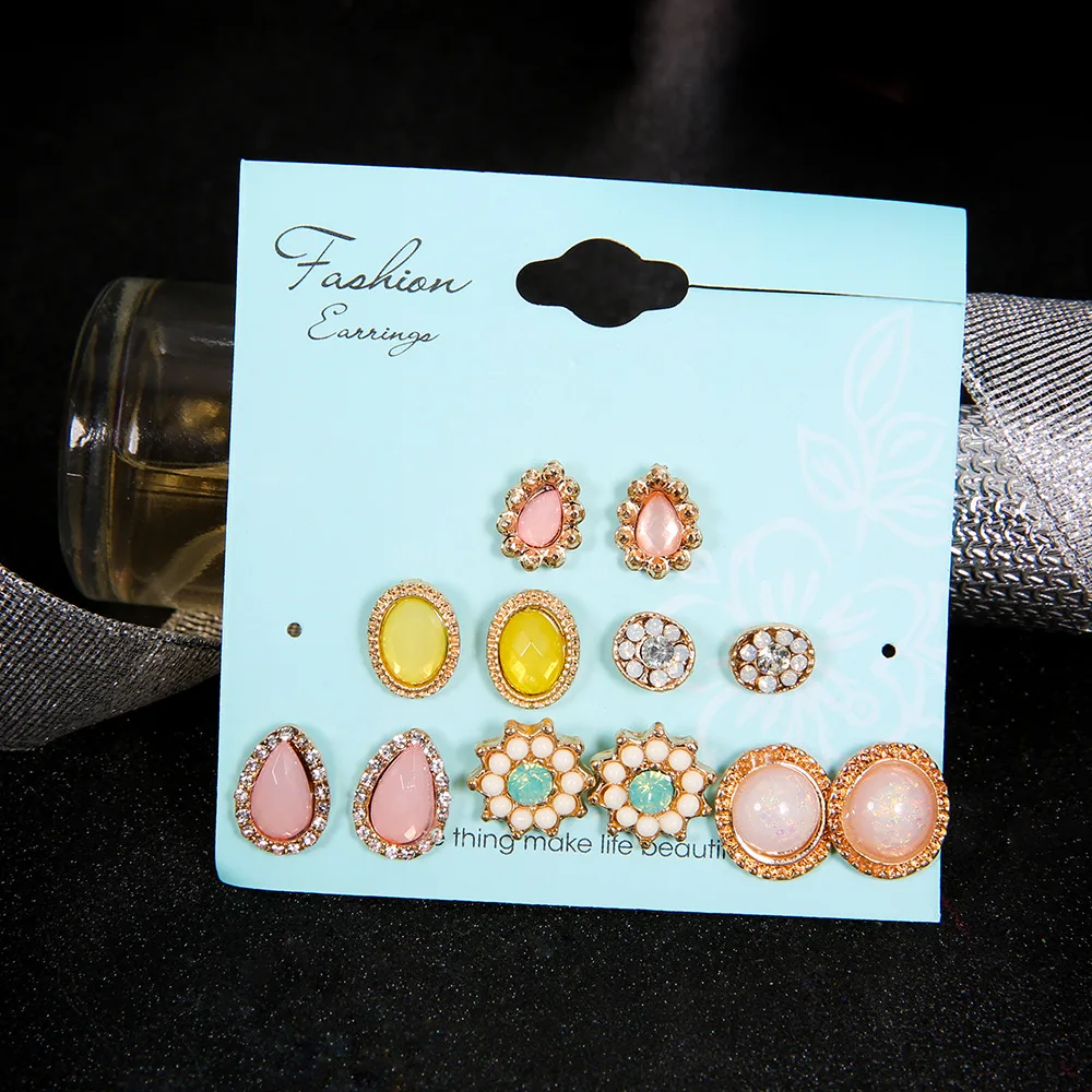 

6Pairs/Set Women Crystal Pearl Flower Ear Studs Earrings Elegant Jewelry Gift Colorful Rhinestone Hollow Flower Cute Earrings