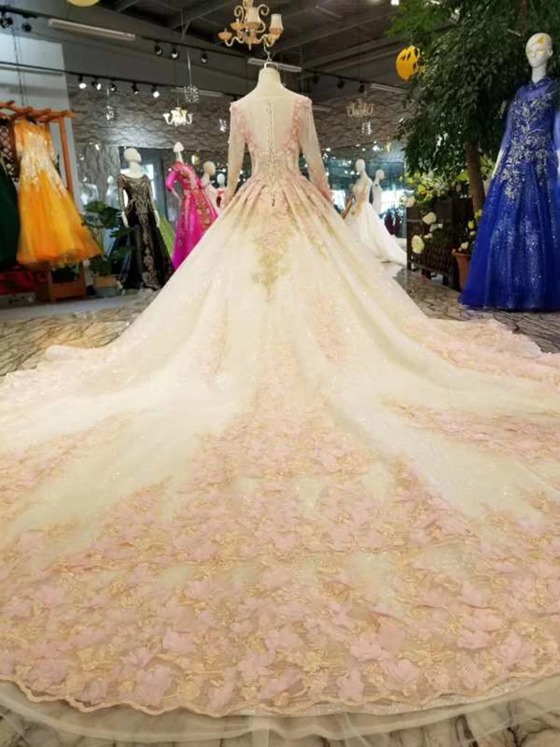 LSS188 недорогое свадебное платье с розовыми цветами и длинным рукавом кружевное