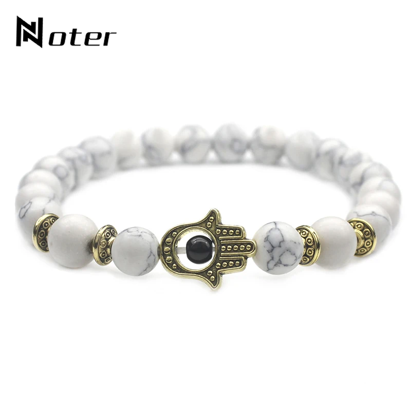 

Noter White Natural Stone Beads Mens Bracelets Charm Handmade Hamsa Fatima Hand Braslet For Male Jewelry bileklik masculino