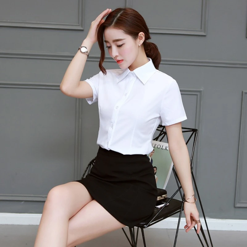 2019 Women Summer Plus Size Solid White Office Wear Loose Shirts Female Slim Fit Lapel Blouses Casual Short-sleeved Tops Shirts